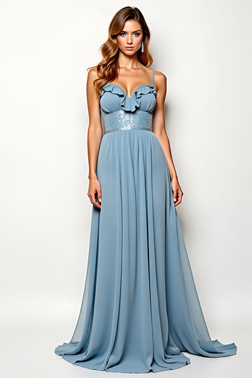 Gris Bleu Mousseline De Soie Une Ligne Longue Robe D’invité De Mariage Avec Perles